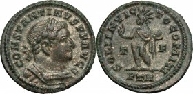 Constantine I (307-337). AE Follis, Trier mint, 310-313. D/ Bust right, laureate, cuirassed. R/ Sol standing left, wearing chlamys over left shoulder,...