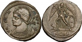 Constantine I (307-337). Commemorative issue. AE Follis, Siscia mint, 330-333 AD. D/ Bust of Constantinopolis laureate, helmeted, wearing imperial clo...