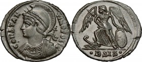 Constantine I (307-337). Commemorative issue. AE Follis, Siscia mint, 334-335 AD. D/ Bust of Constantinopolis laureate, helmeted, wearing imperial clo...