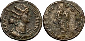 Fausta, wife of Constantine I. AE 19mm, Thessalonica mint, 326-328. D/ Bust right, draped. R/ Salus standing front, head left, holding two children in...