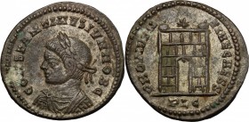 Constantine II (337-340). AE Follis fraction, Lugdunum mint, 324-325. D/ Bust left, radiate, draped, cuirassed. R/ Camp gate with two turrets; above, ...