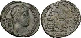 Constantius II (337-361). AE 23 mm, Arelate mint, 348-350 AD. D/ Pearl-diademed, draped and cuirassed bust right; A behind. R/ Helmeted soldier to lef...