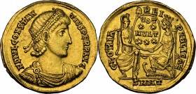 Constantius II (337-361). AV Solidus. Nicomedia mint. Struck 340-351 AD. D/ Pearl-diademed, draped and cuirassed bust right. R/ Roma and Constantinopo...