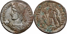 Constantius II (337-361). AE Follis, Cyzicus mint, 348-350 AD. D/ Pearl-diademed, draped and cuirassed bust left, holding globe. R/ Emperor in militar...