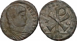 Magnentius (350-353). AE Follis, Arelate mint, 351-353. D/ Bust right, bare, draped. R/ Christogram flanked by A and ω. RIC 194. AE. g. 5.84 mm. 27.00...
