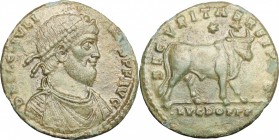 Julian II (360-363). AE 27mm, Lugdunum mint, 360 AD. D/ Bust right, diademed, draped, cuirassed. R/ Bull standing right; above, two stars. RIC 236. AE...