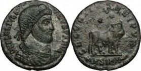 Julian II (360-363). AE 27 mm, Sirmium mint, 361-363. D/ Bust right, diademed, draped, cuirassed. R/ Bull standing right; above, two stars. RIC 107. A...