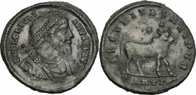 Julian II (360-363). AE 28 mm, Antioch mint. D/ Bust right, diademed, draped, cuirassed. R/ Bull standing right; above, two stars. RIC 216. AE. g. 8.2...