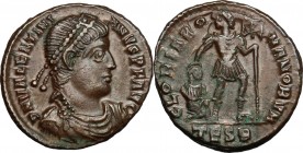 Valentinian I (364-375). AE Follis, Thessalonica mint, 364-367. D/ Bust right, diademed, draped. R/ Emperor advancing right, dragging captive and hold...