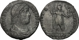 Valentinian I (364-375). AE Follis, Constantinople mint, 364-365. D/ Bust right, diademed, draped, cuirassed. R/ Emperor standing right, holding stand...