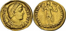 Valens (364-378). AV Solidus. Antioch mint, struck AD 366-367. D/ Pearl-diademed, draped, and cuirassed bust right. R/ Emperor standing facing, head r...