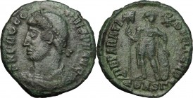 Procopius (Usurper, 365-366). AE 20 mm, Constantinople mint. D/ Diademed, draped and cuirassed bust left. R/ Procopius standing facing, head right, ho...