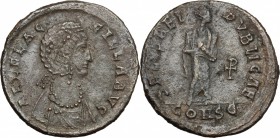 Aelia Flaccilla, first wife of Theodosius I (died 386 AD). AE 23.5 mm, Constantinople mint, 383-388 AD. D/ Pearl-diademed and draped bust right. R/ Fl...