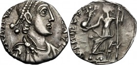 Arcadius (383-408). AR Siliqua, Rome mint, 404-408. D/ Bust right, diademed, draped, cuirassed. R/ Roma seated left, holding Victory on globe and spea...