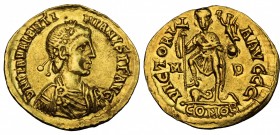 Valentinian III (425-455). AV Solidus. Mediolanum mint. Struck AD 430-455. D/ Rosette-diademed, draped, and cuirassed bust right. R/ Valentinian stand...