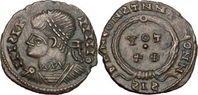 Germanic Tribes, uncertain. AE 17 mm. Imitating AE Follis, Siscia mint, c. 4th century. D/ Pseudo-legend. Bust left, laureate, draped, cuirassed. R/ V...