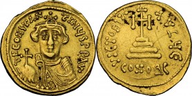 Constans II (641-668). AV Solidus. Constantinople mint. Struck 641-646 AD. D/ Beardless facing bust, wearing crown and chlamys, holding globus crucige...