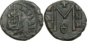Theophilus (829-842). AE Follis, Syracuse mint. D/ Bust facing, crowned, draped, holding globus cruciger. R/ Large M (mark of value). DOC 30. Sear 168...