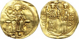John III Ducas (1222-1254). AV Hyperperon, Empire of Nicaea, Magnesia mint, 1232-1254. D/ Christ Pantokrator seated frontal on throne, cross-nimbate; ...