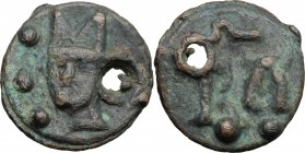 PB Tessera, Medieval period. D/ Head of bishop; to left, three pellets. R/ Monogram; above, Ω; below, two pellets. PB. g. 3.06 mm. 15.00 Green patina....