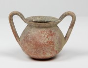 Apulian Pottery Kantharos.
 Bi-conical body, everted rim and high looped strap handles.
 Circa 4th century BC.
 15 cm height.
 Intact.