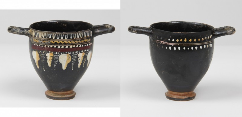 Gnathia-Ware Skyphos.
 The body decorated with vine and ivy tendrils.
 Apulia,...