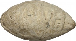 Lead slingshot with inscription.
 Greek or Roman.
 3 cm.