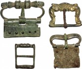 Lot of 4 bronze belt terminals.
 Medieval.
 6.2 cm, 4.6 cm, 4.4 cm, 3.5 cm.