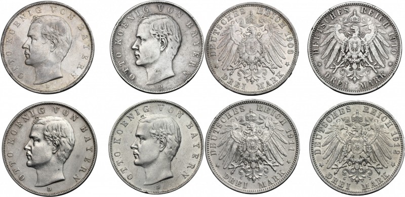 Germany. Bayern. Otto (1886-1913). Lot of 4 AR 3 Mark, 1908, 1910, 1911, 1912, M...