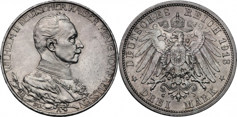 Germany. Prussia. Wilhelm II (1888-1918). AR 3 Mark, Berlin mint, 1913. KM 535. ...