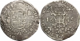 Spain. Philip IV (1621-1665). AR Patagon, Spanish Netherlands, Flanders, 1645. KM 34. AR. g. 27.76 mm. 43.00 On obverse traces of double striking, oth...