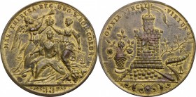 Austria. Maria Theresia (1740-1780). AE Medal 1743, Prague mint. D/ Coronation scene. R/ Tower; to left, basket of lowers; to right, branch, scales an...
