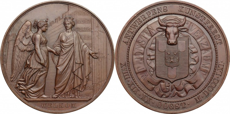 Belgium. AE Medal, Antwerp, 1861. D/ Personification of the city leading female ...