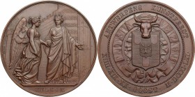 Belgium. AE Medal, Antwerp, 1861. D/ Personification of the city leading female Genius of Arts into the city. R/ Coat of arms; above, bull's head faci...
