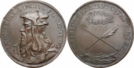 Italy. Leonardo da Vinci (1452-1519). AE Medal, 1669. D/ Bust left. R/ Pen and brush crossed; above, laurel wreath; below, landscape. AE. g. 68.10 mm....