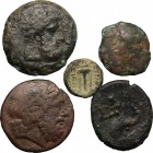 Greek Italy and Sicily. Lot of 5 unclassified AE Denominations; including: Syracuse, Mamertinoi and Brundisium, 5th-3rd century BC. AE. Good F.