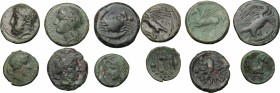 Sicily. Lot of 6 unclassified AE Denominations, 4th-3rd century BC; including: Akragas, Leontini, Syracuse. AE. About VF:VF.