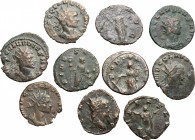 Roman Empire. Lot of 10 unclassified BI and AE Antoniniani; including: Gallienus and Claudius II Gothicus. BI-AE. F:VF.