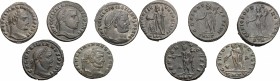 Lot of 5 unclassified AE Folles; including: Diocletian and Galerius. AE. About EF.