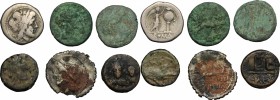 Greek Italy, Roman Republic and Byzantine Empire. Lot of 6 unclassified coins, including a fourrée Denarius, an AR Victoriatus, an AE Paestum.