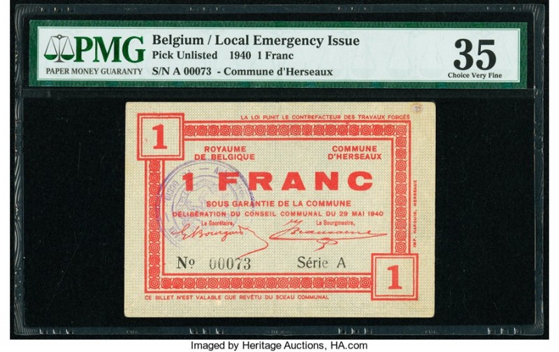 Belgium Emergency Issue 1 Franc 29.5.1940 Pick UNL PMG Choice Very Fine 35. Stai...