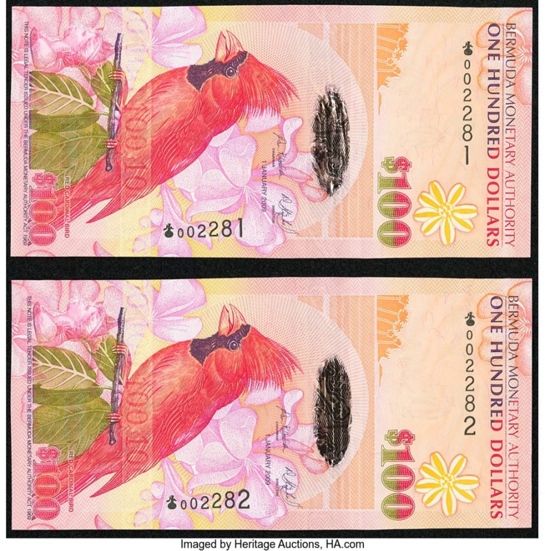 Bermuda Monetary Authority 100 Dollars 2009 Pick 62a, Two Consecutive Examples C...
