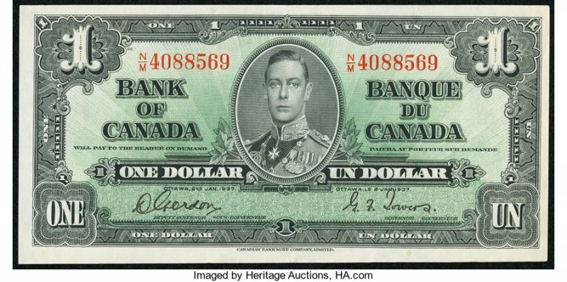 Canada Bank of Canada 1 Dollar 1937 BC-21c Choice About Uncirculated. 

HID09801...