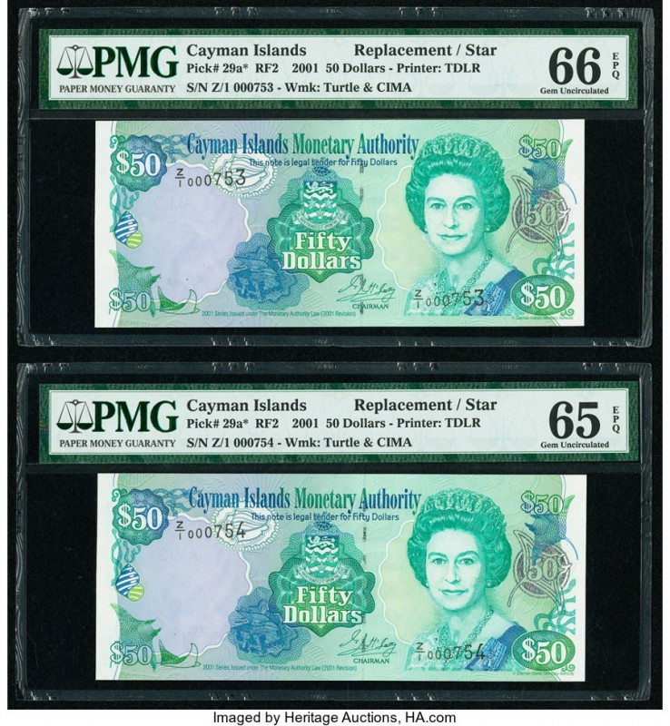 Cayman Islands Monetary Authority 50 Dollars 2001 Pick 29a* Two Consecutive Repl...