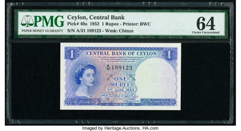 Ceylon Central Bank of Ceylon 1 Rupee 3.6.1952 Pick 49a PMG Choice Uncirculated ...