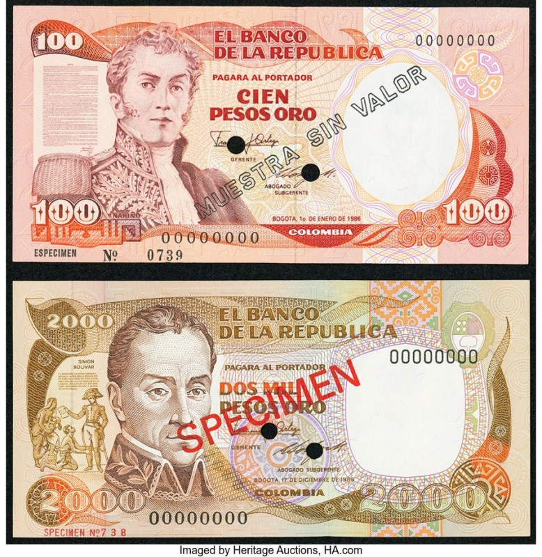 Colombia Banco de la Republica 100 Pesos Oro 1.1.1986 Pick 426s; 2000 Pesos Oro ...