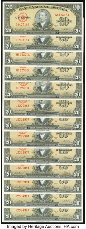 Cuba Banco Nacional de Cuba 20 Pesos 1958 Pick 80b, Thirteen Examples Crisp Unci...