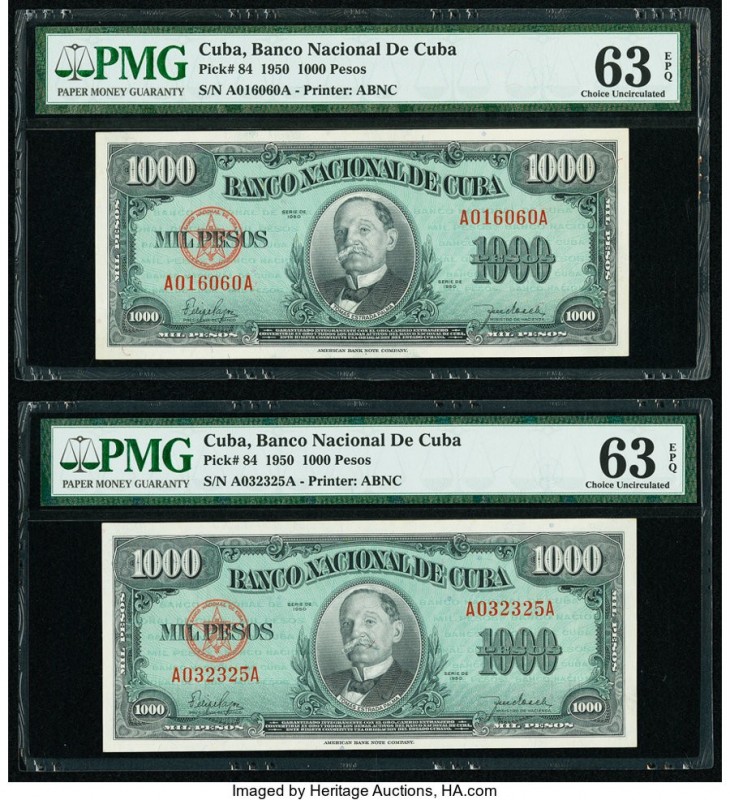 Cuba Banco Nacional de Cuba 1000 Pesos 1950 Pick 84 Two Examples PMG Choice Unci...