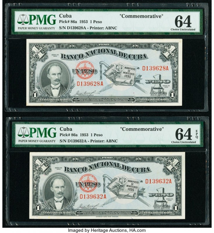 Cuba Banco Nacional de Cuba 1 Peso 1953 Pick 86a Two Examples PMG Choice Uncircu...