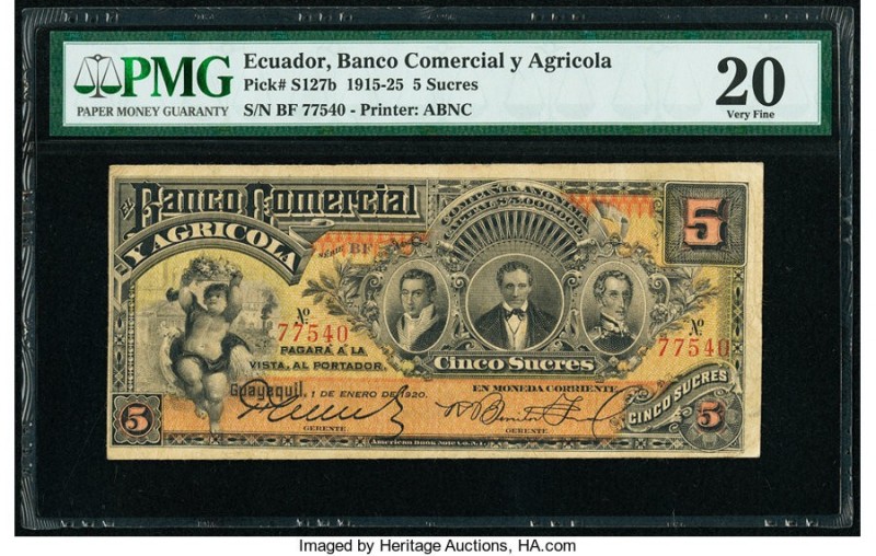 Ecuador Banco Comercial y Agricola 5 Sucres 1.1.1920 Pick S127b PMG Very Fine 20...